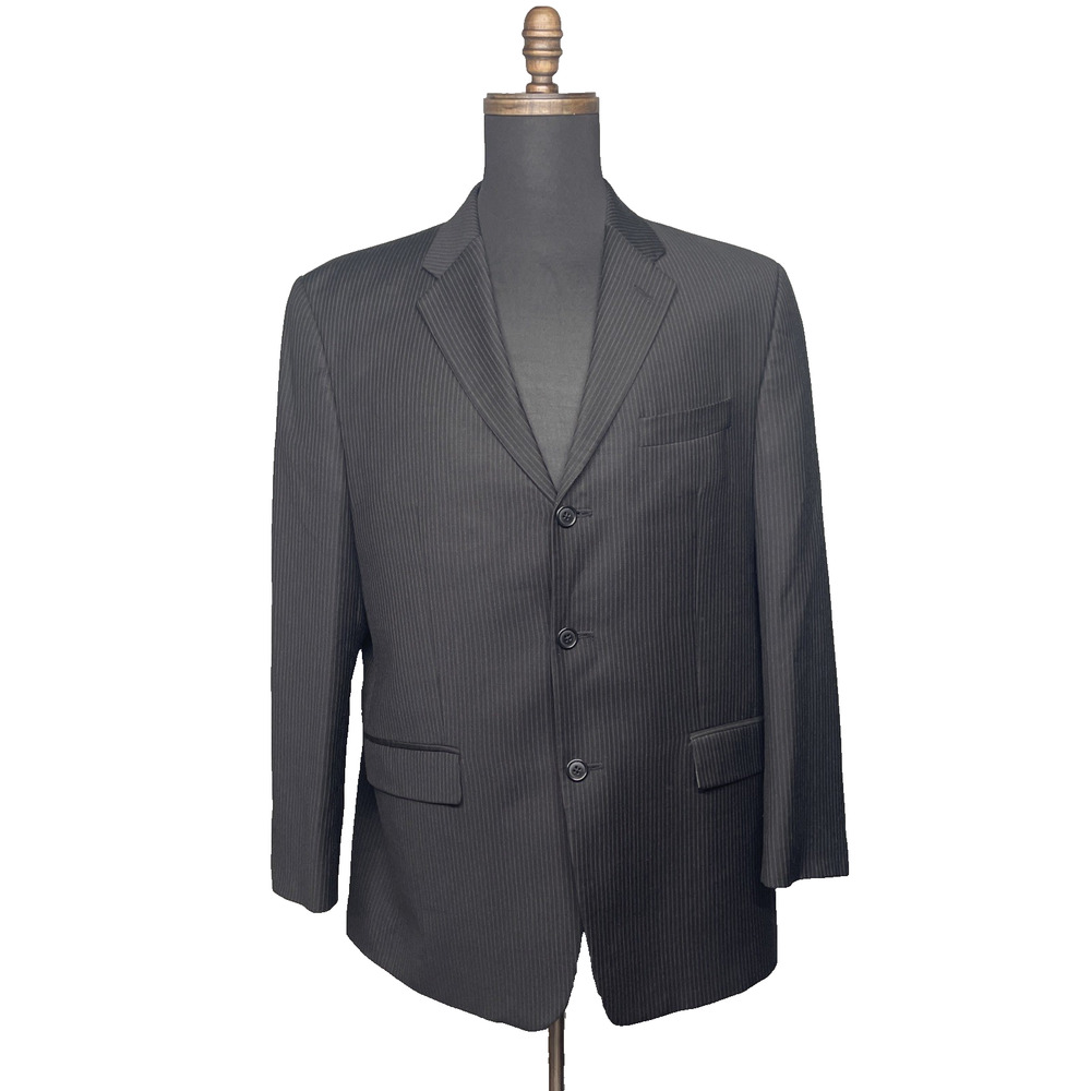 Vtg Calvin Klein Men 40R Black Pinstripe Wool Blazer Suit Jacket 90s Canada Made